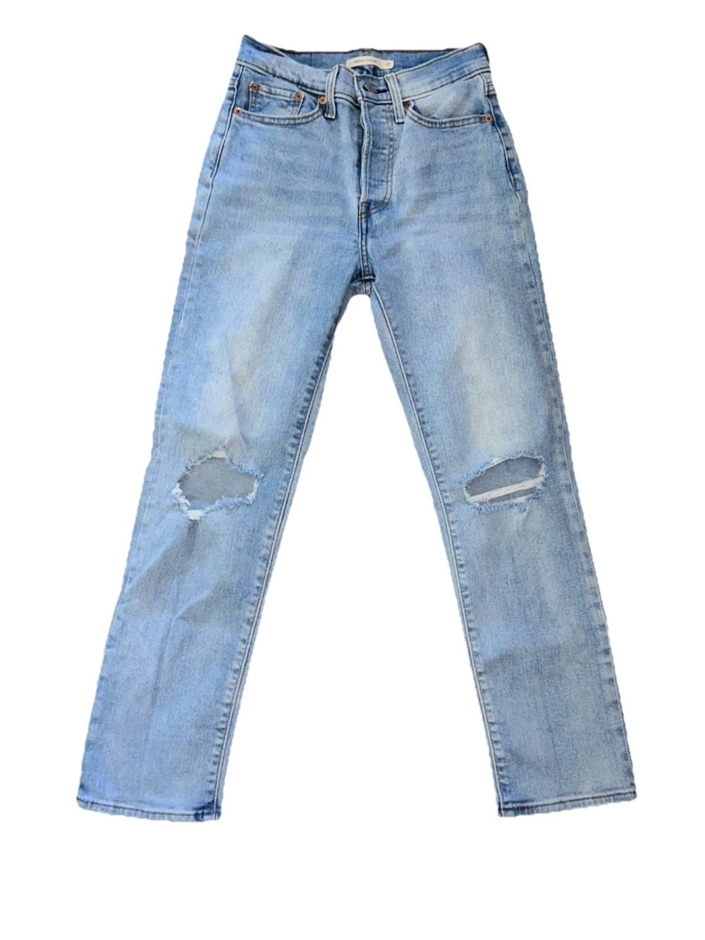 Levis Wedgie Straight Jeans Womens 27 Light Wash Distressed High Rise Button Fly